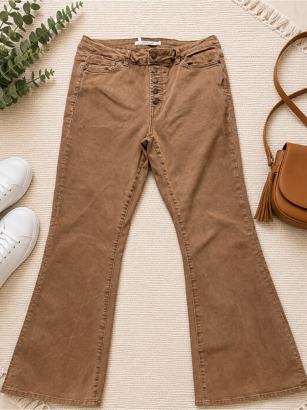 Altar’d State High Rise Button Fly Flare Jeans Brown Stretch Denim Women’s